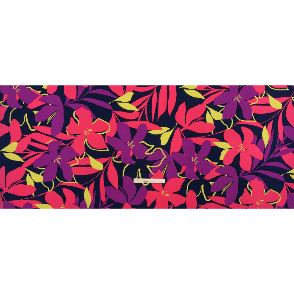Stretch Polyester Tricot - Hot Pink, Purple and Navy Floral - Designer Deadstock