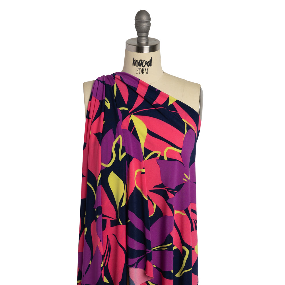 Stretch Polyester Tricot - Hot Pink, Purple and Navy Floral - Designer Deadstock