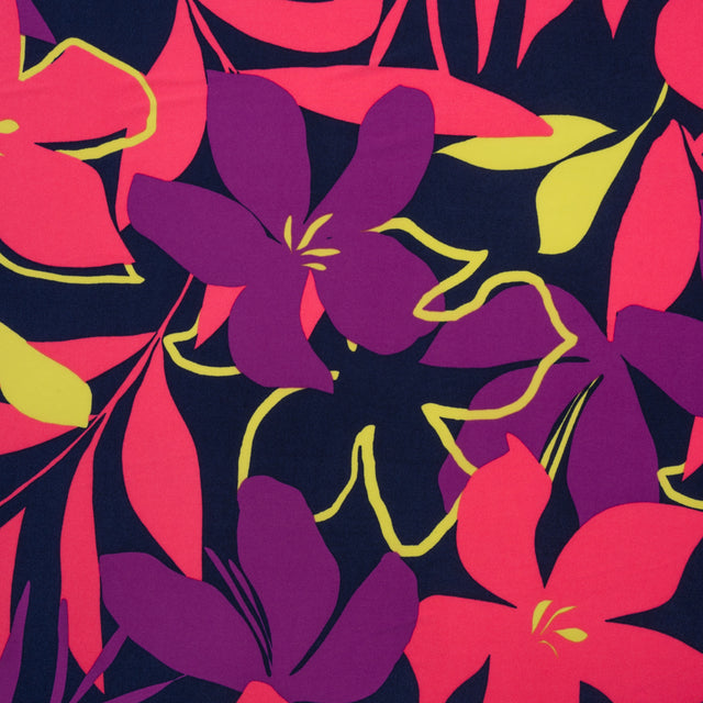 Stretch Polyester Tricot - Hot Pink, Purple and Navy Floral - Designer Deadstock