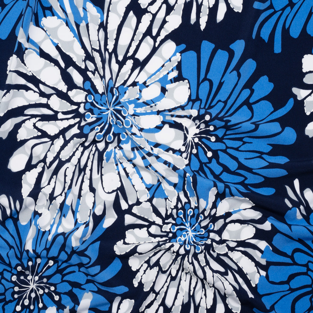 Stretch Polyester Tricot with Puff Print Outlines - Navy, Bright Blue and Gray Floral - Designer Deadstock