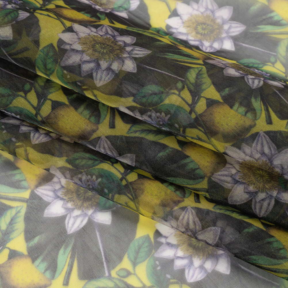 Polyester and Viscose Organza - Yellow and Green Lemons and Lily Pads - Folded