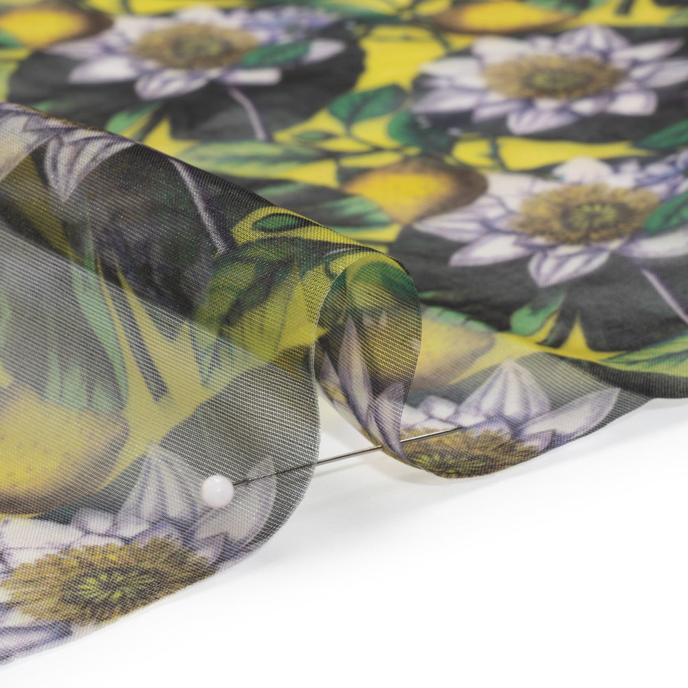 Polyester and Viscose Organza - Yellow and Green Lemons and Lily Pads - Detail