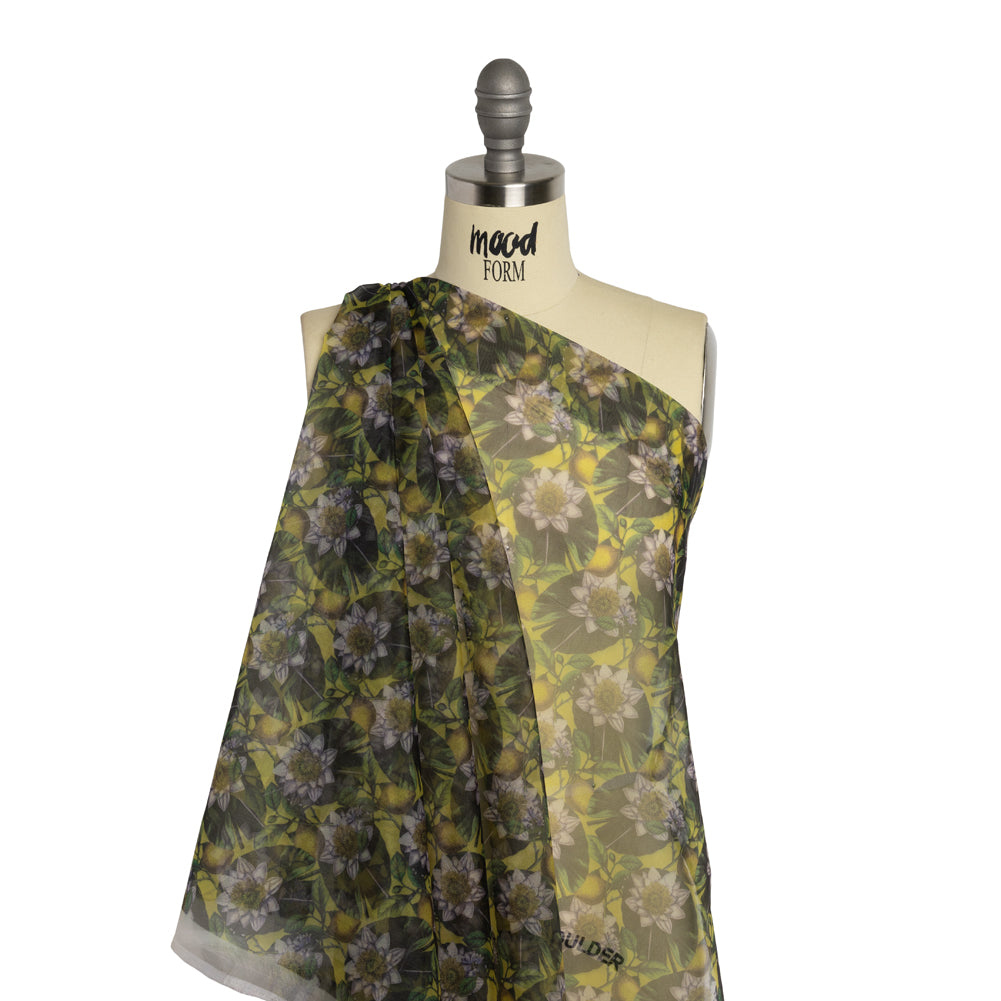 Polyester and Viscose Organza - Yellow and Green Lemons and Lily Pads - Drape
