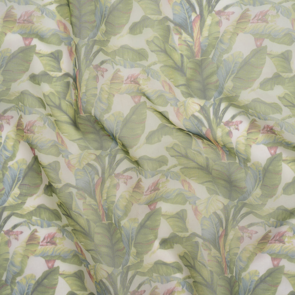 Polyester and Viscose Organza - White and Green Palm Trees