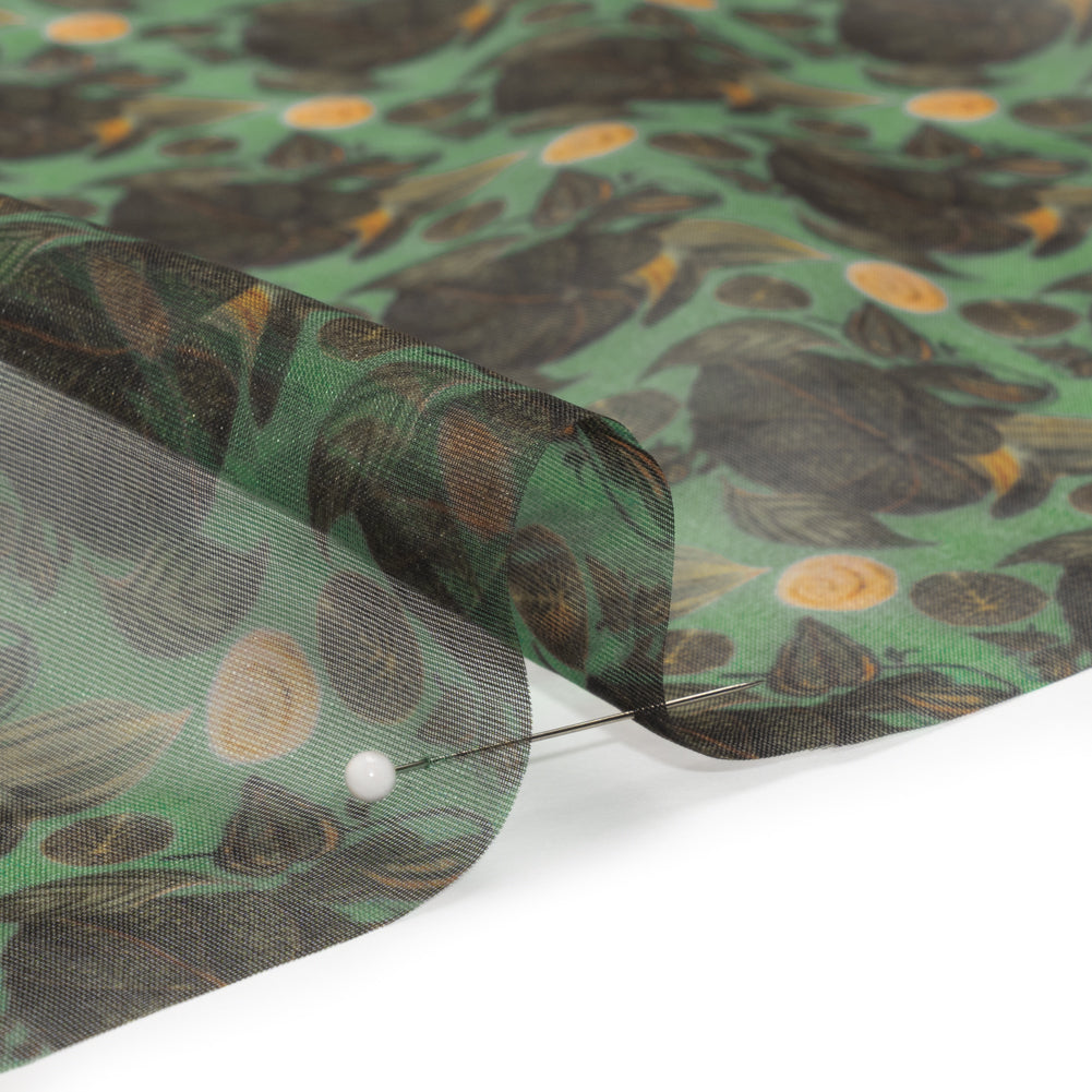 Polyester and Viscose Organza - Green and Teal Tropical Leaf Bunches - Detail