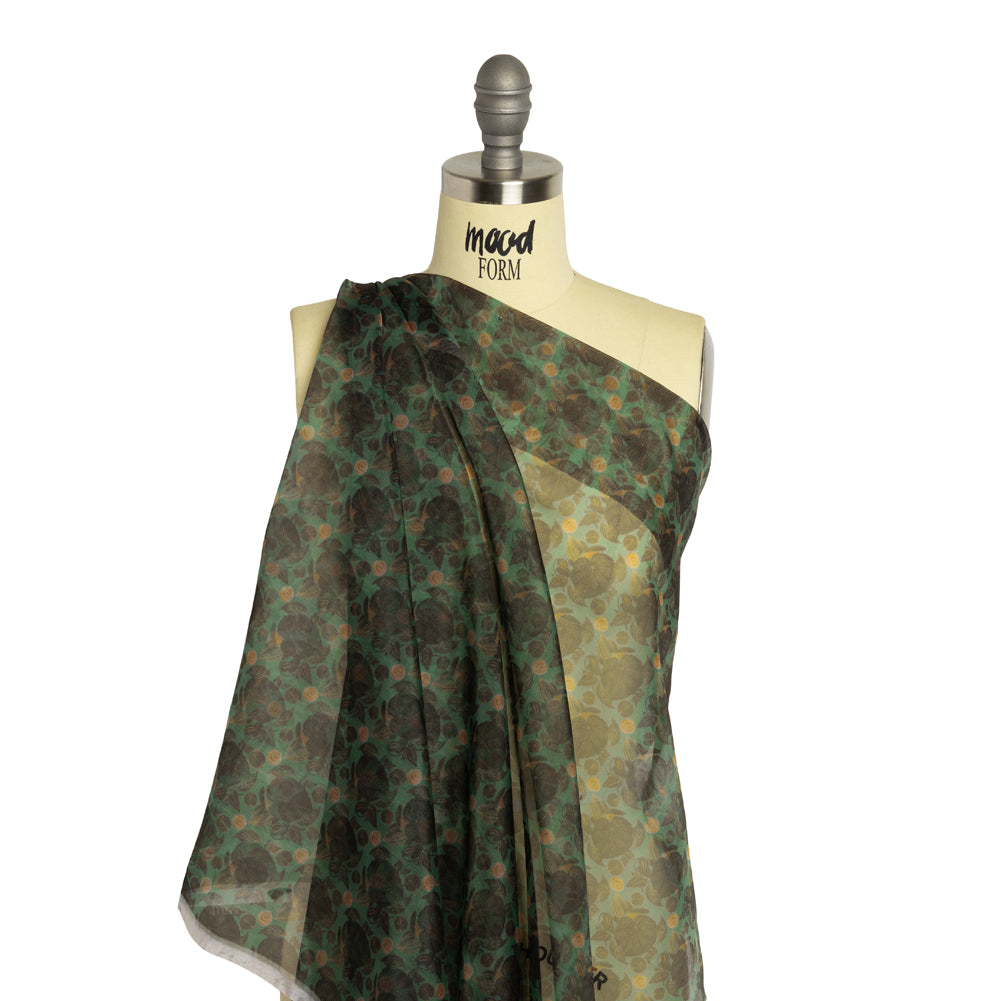 Polyester and Viscose Organza - Green and Teal Tropical Leaf Bunches - Drape