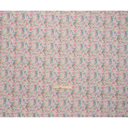 Polyester and Viscose Organza - Pink, Blue and Green Tropical Leaves, Birds and Flowers