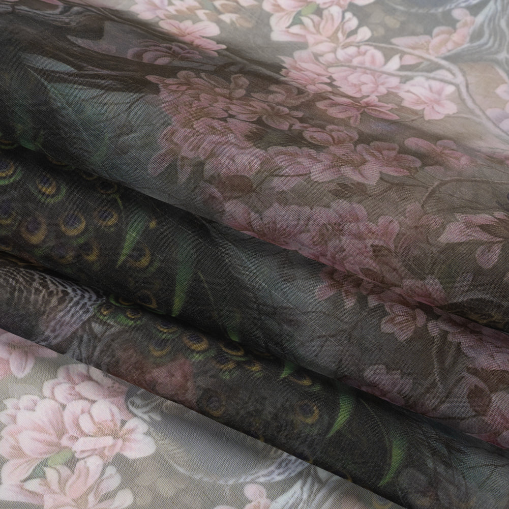 Polyester and Viscose Organza - Pink, Olive Green and Brown Peacocks and Blossoms - Folded