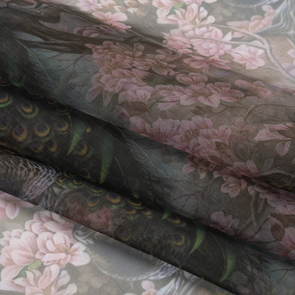 Polyester and Viscose Organza - Pink, Olive Green and Brown Peacocks and Blossoms