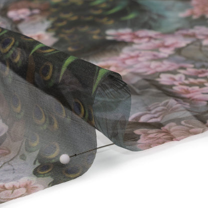 Polyester and Viscose Organza - Pink, Olive Green and Brown Peacocks and Blossoms