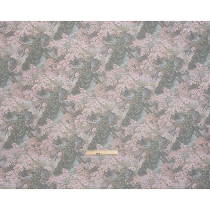 Polyester and Viscose Organza - Pink, Olive Green and Brown Peacocks and Blossoms