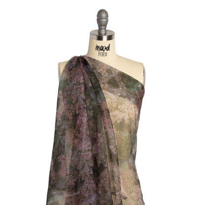 Polyester and Viscose Organza - Pink, Olive Green and Brown Peacocks and Blossoms