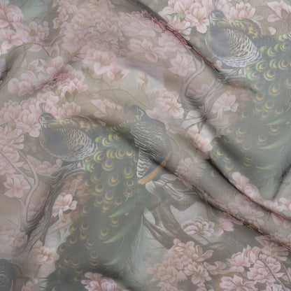 Polyester and Viscose Organza - Pink, Olive Green and Brown Peacocks and Blossoms