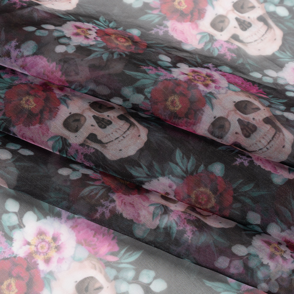 Polyester and Viscose Organza - Black, Pink and Ivory Flower Skulls - Folded