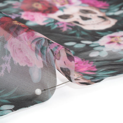 Polyester and Viscose Organza - Black, Pink and Ivory Flower Skulls