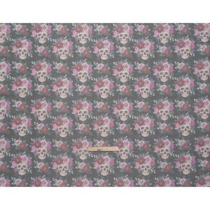 Polyester and Viscose Organza - Black, Pink and Ivory Flower Skulls