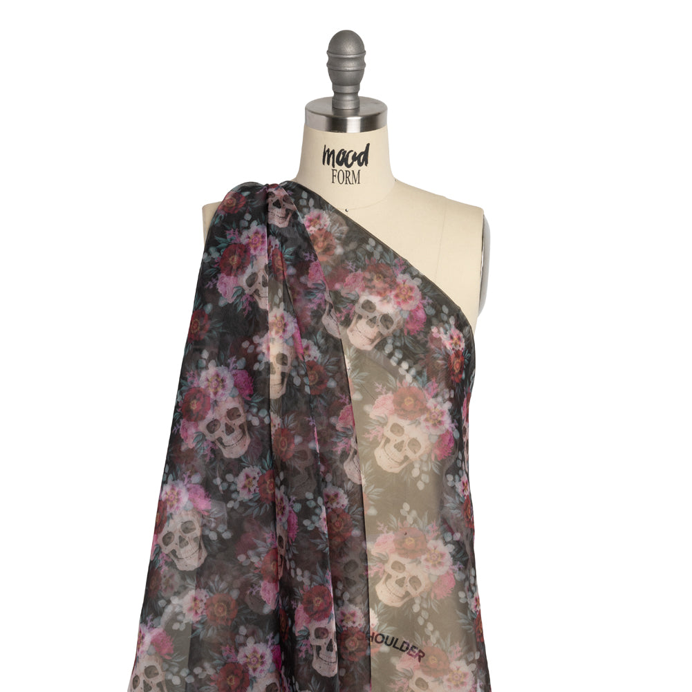 Polyester and Viscose Organza - Black, Pink and Ivory Flower Skulls - Drape