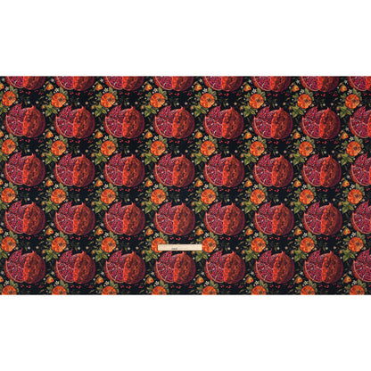 Polyester Microvelvet - Red, Green and Black Pomegranates and Flowers