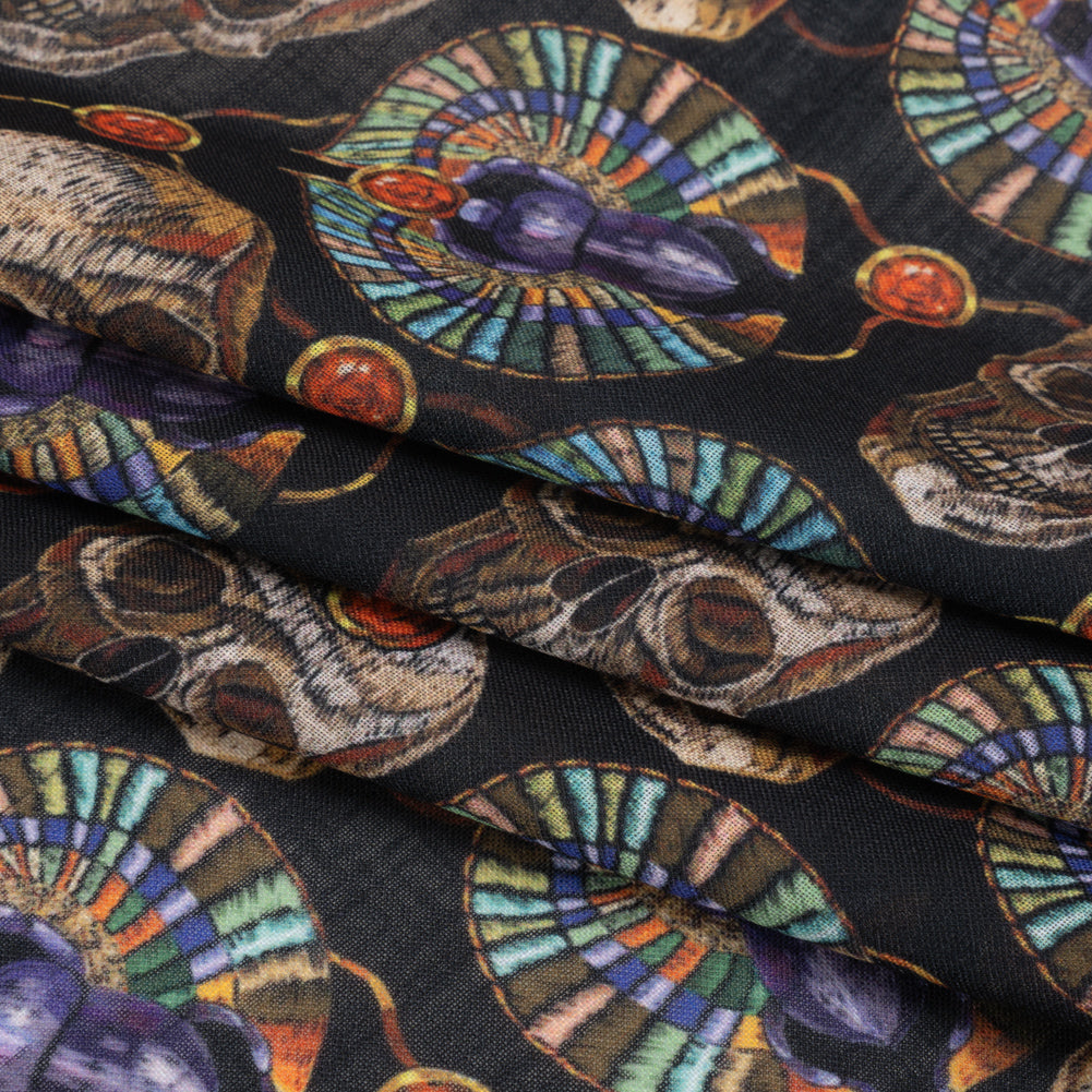 Medium Weight Linen and Cotton Woven - Black, Green and Red Scarab Beetles and Skulls