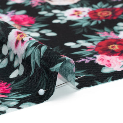 Medium Weight Linen and Cotton Woven - Black, Pink and Ivory Flower Skulls