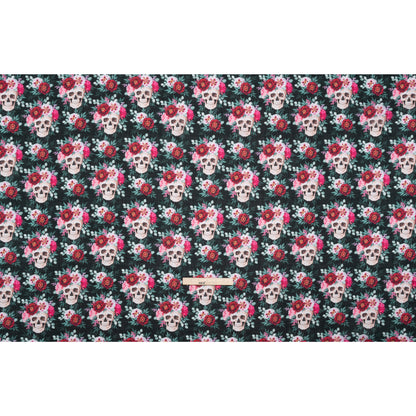 Medium Weight Linen and Cotton Woven - Black, Pink and Ivory Flower Skulls