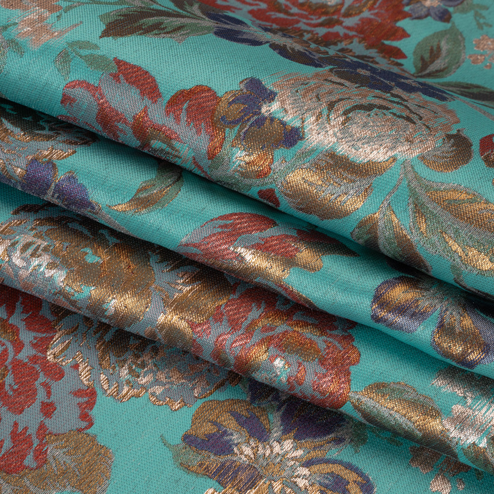 Metallic Luxury Brocade - Sky Blue, Dark Gold and Red Classic Flowers - Folded