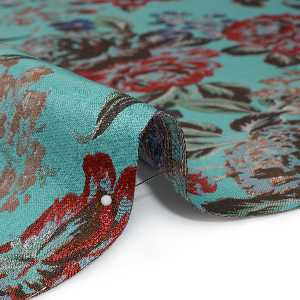 Metallic Luxury Brocade - Sky Blue, Dark Gold and Red Classic Flowers - Detail