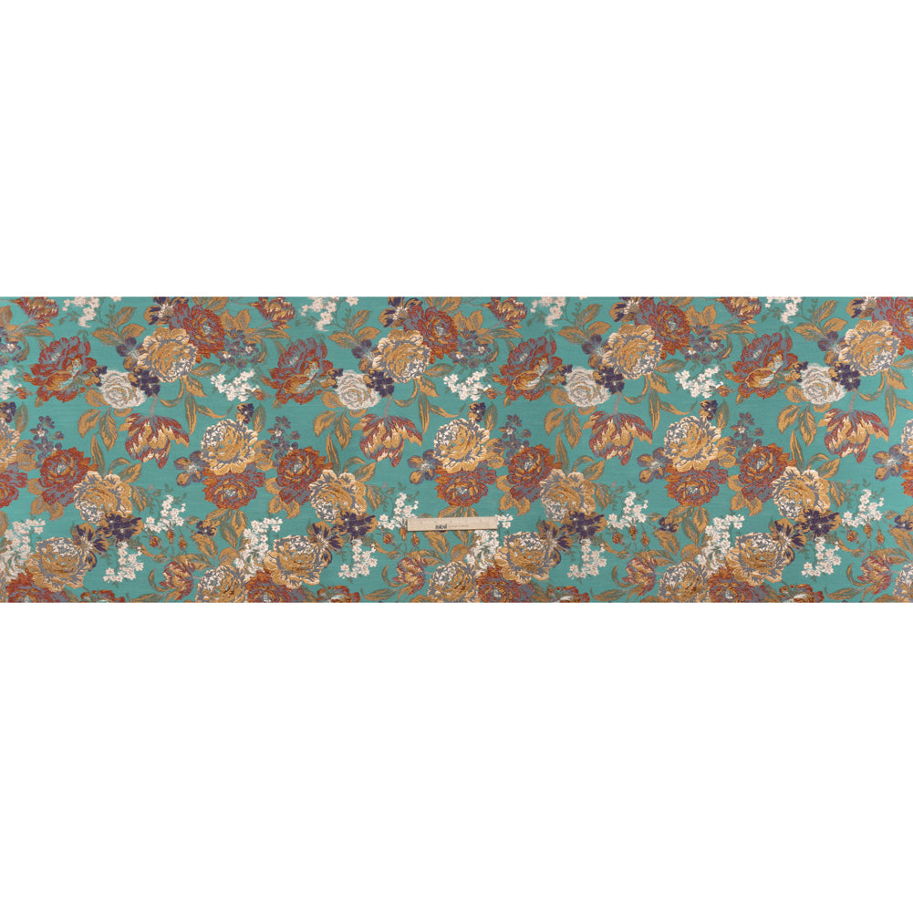 Metallic Luxury Brocade - Sky Blue, Dark Gold and Red Classic Flowers - Full
