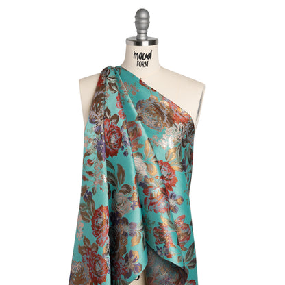 Metallic Luxury Brocade - Sky Blue, Dark Gold and Red Classic Flowers