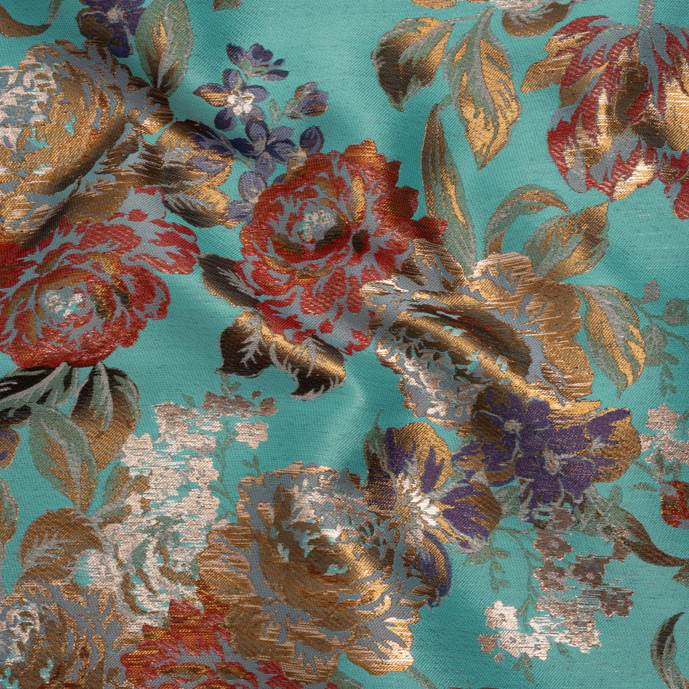 Metallic Luxury Brocade - Sky Blue, Dark Gold and Red Classic Flowers