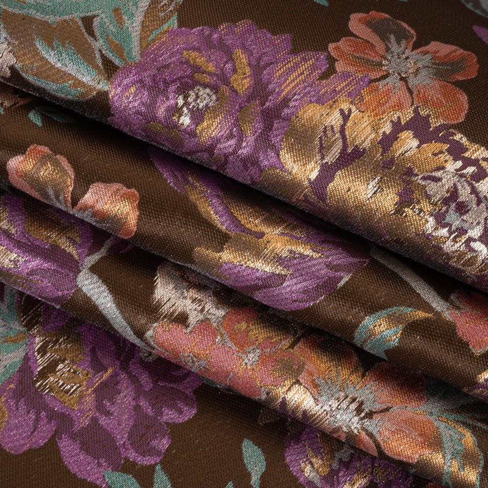 Metallic Luxury Brocade - Brown, Purple and Aqua Classic Flowers - Folded