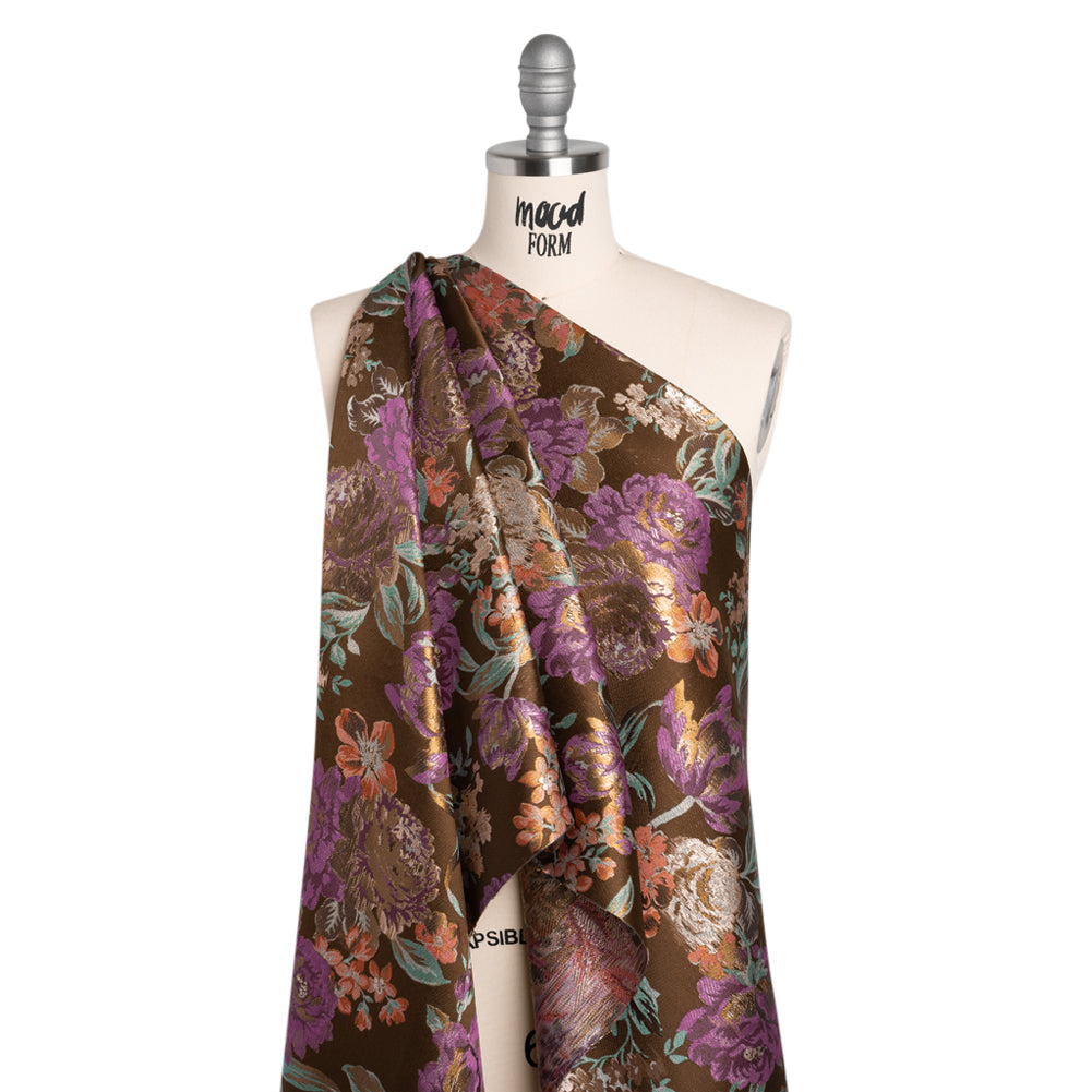 Metallic Luxury Brocade - Brown, Purple and Aqua Classic Flowers - Drape