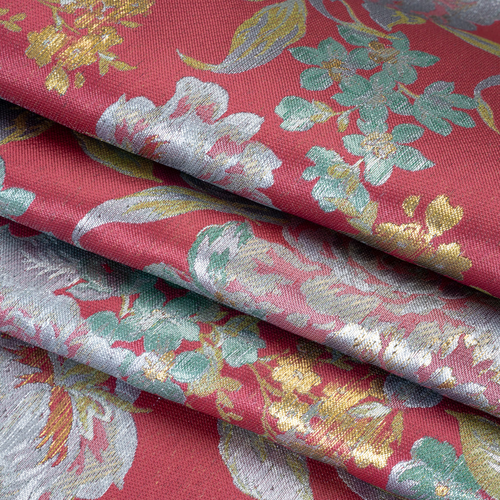 Metallic Luxury Brocade - Pink, Silver and Green Classic Flowers