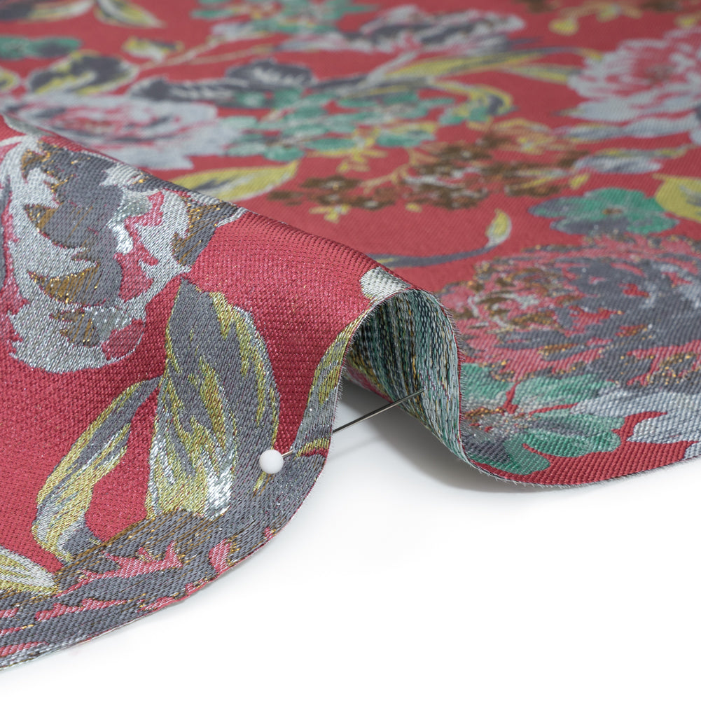 Metallic Luxury Brocade - Pink, Silver and Green Classic Flowers