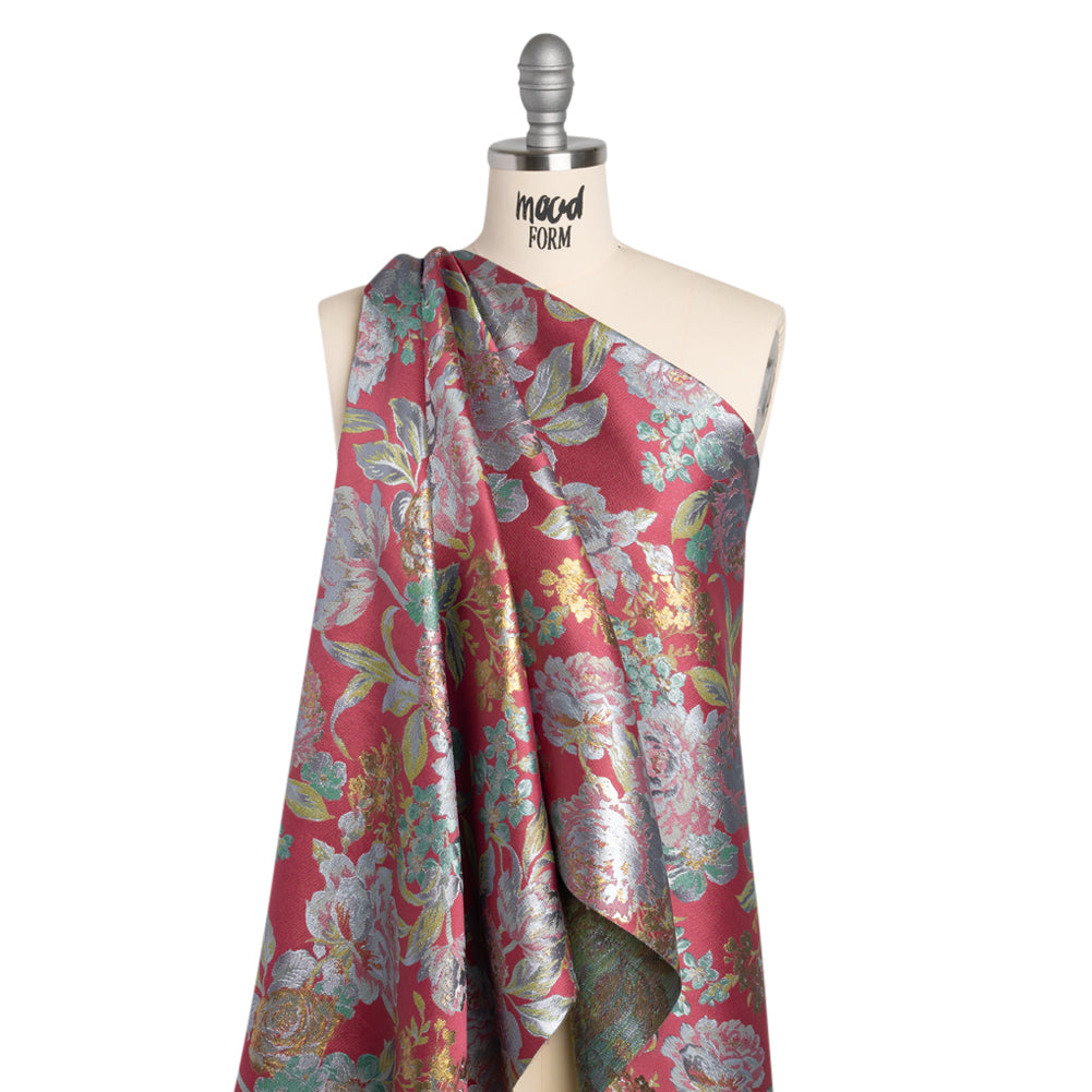 Metallic Luxury Brocade - Pink, Silver and Green Classic Flowers