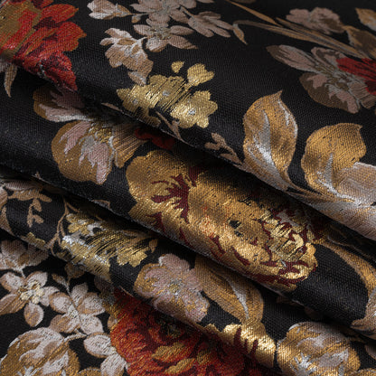 Metallic Luxury Brocade - Black, Red and Bronze Classic Flowers