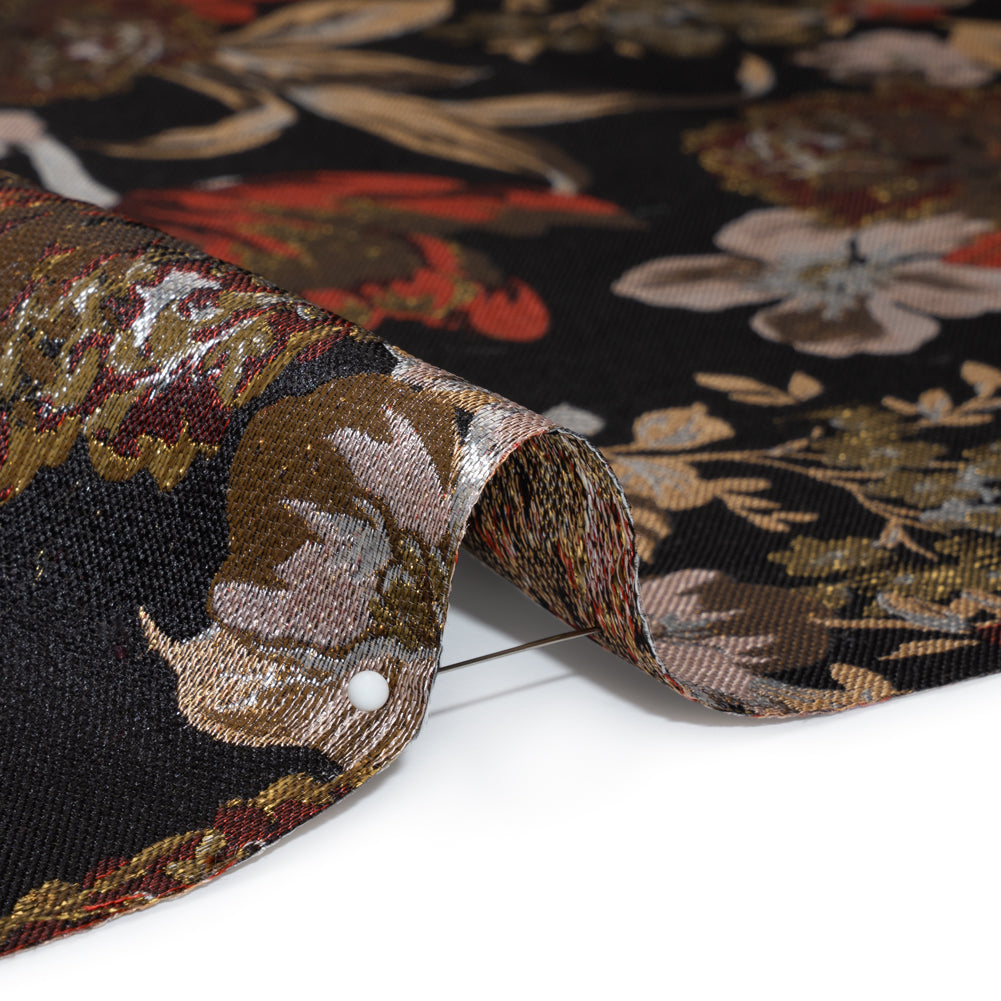 Metallic Luxury Brocade - Black, Red and Bronze Classic Flowers
