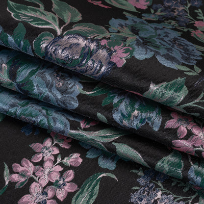 Metallic Luxury Brocade - Black, Blue and Baby Pink Classic Flowers