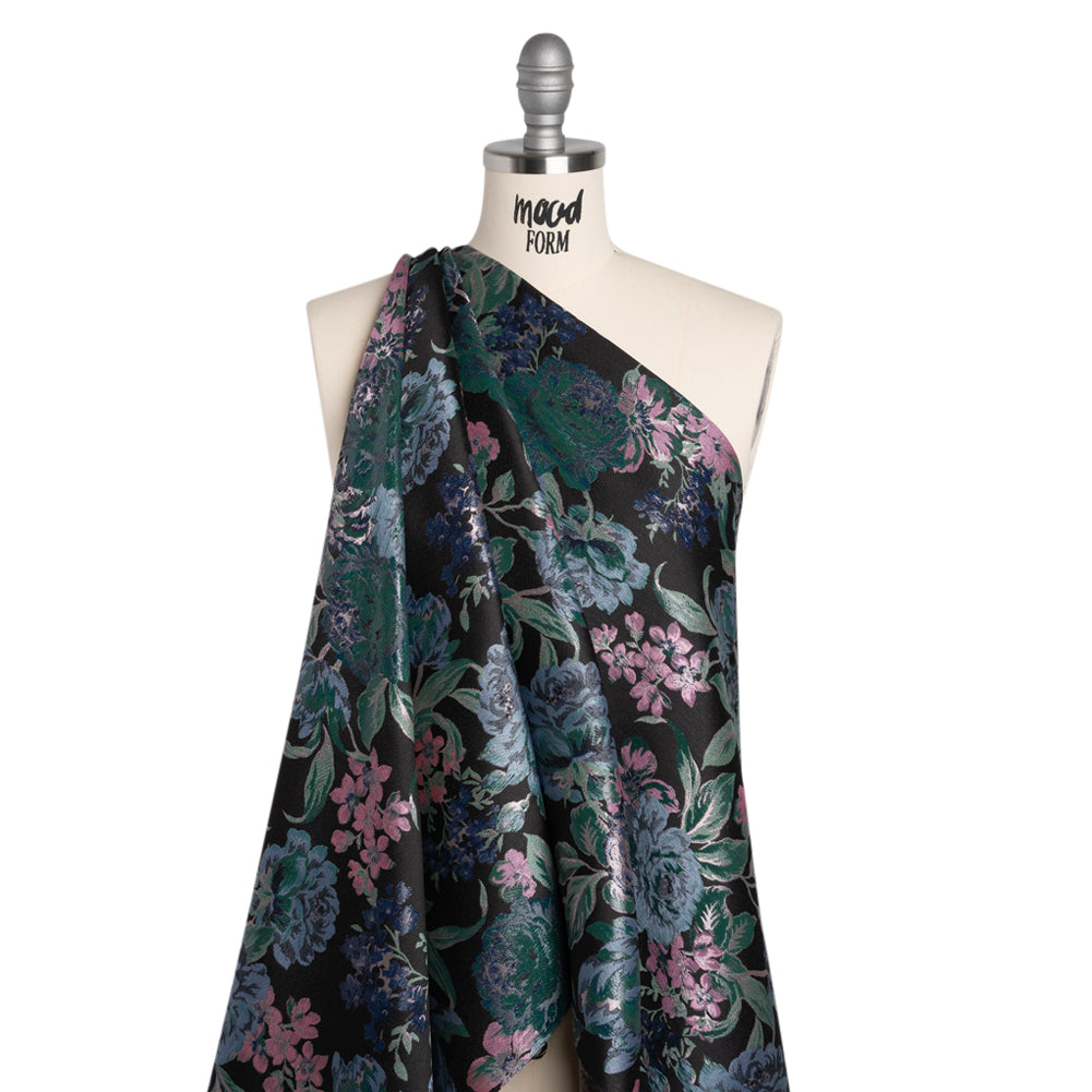 Metallic Luxury Brocade - Black, Blue and Baby Pink Classic Flowers