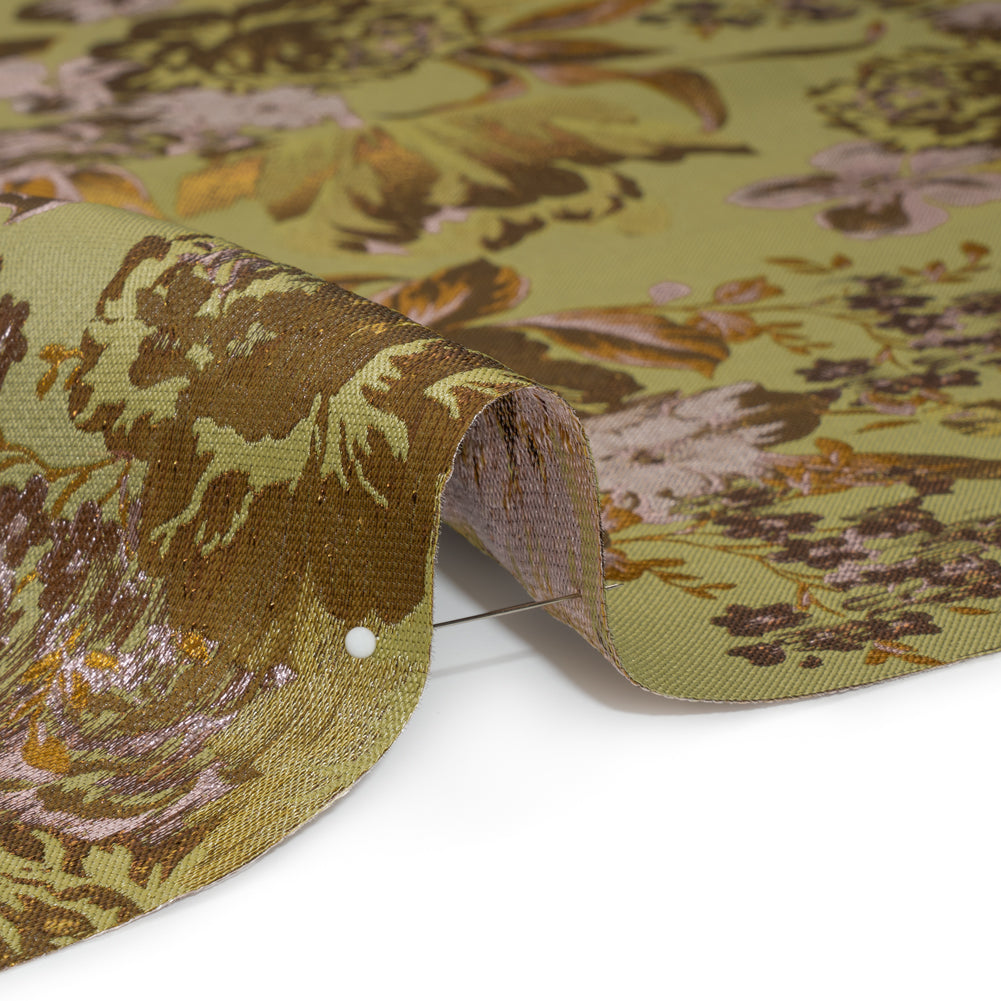 Metallic Luxury Brocade - Wasabi Green, Gold and Pale Pink Classic Flowers