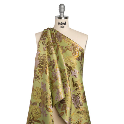 Metallic Luxury Brocade - Wasabi Green, Gold and Pale Pink Classic Flowers