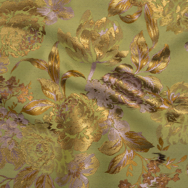 Metallic Luxury Brocade - Wasabi Green, Gold and Pale Pink Classic Flowers