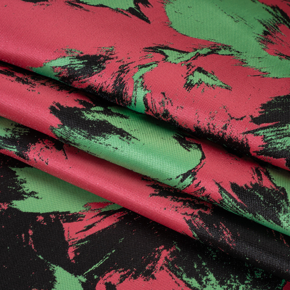 Luxury Polyester Brocade - Black, Hot Pink and Summer Green Abstract Brushstrokes - Folded