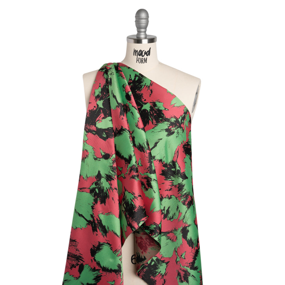 Luxury Polyester Brocade - Black, Hot Pink and Summer Green Abstract Brushstrokes - Drape