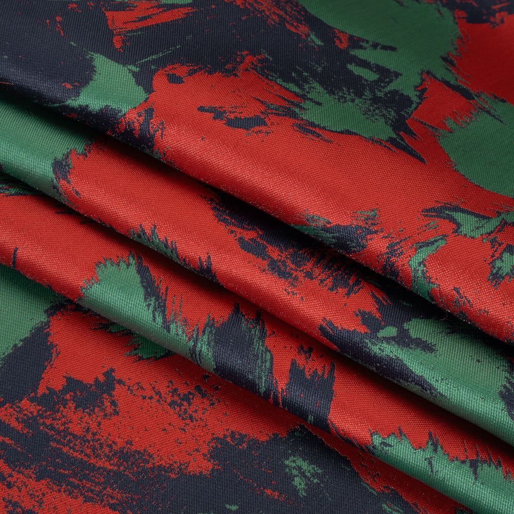 Luxury Polyester Brocade - Red, Green and Navy Blue Abstract Brushstrokes