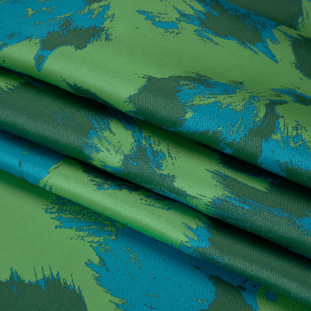 Luxury Polyester Brocade - Cerulean Blue, Summer Green, and Forest Abstract Brushstrokes - Folded