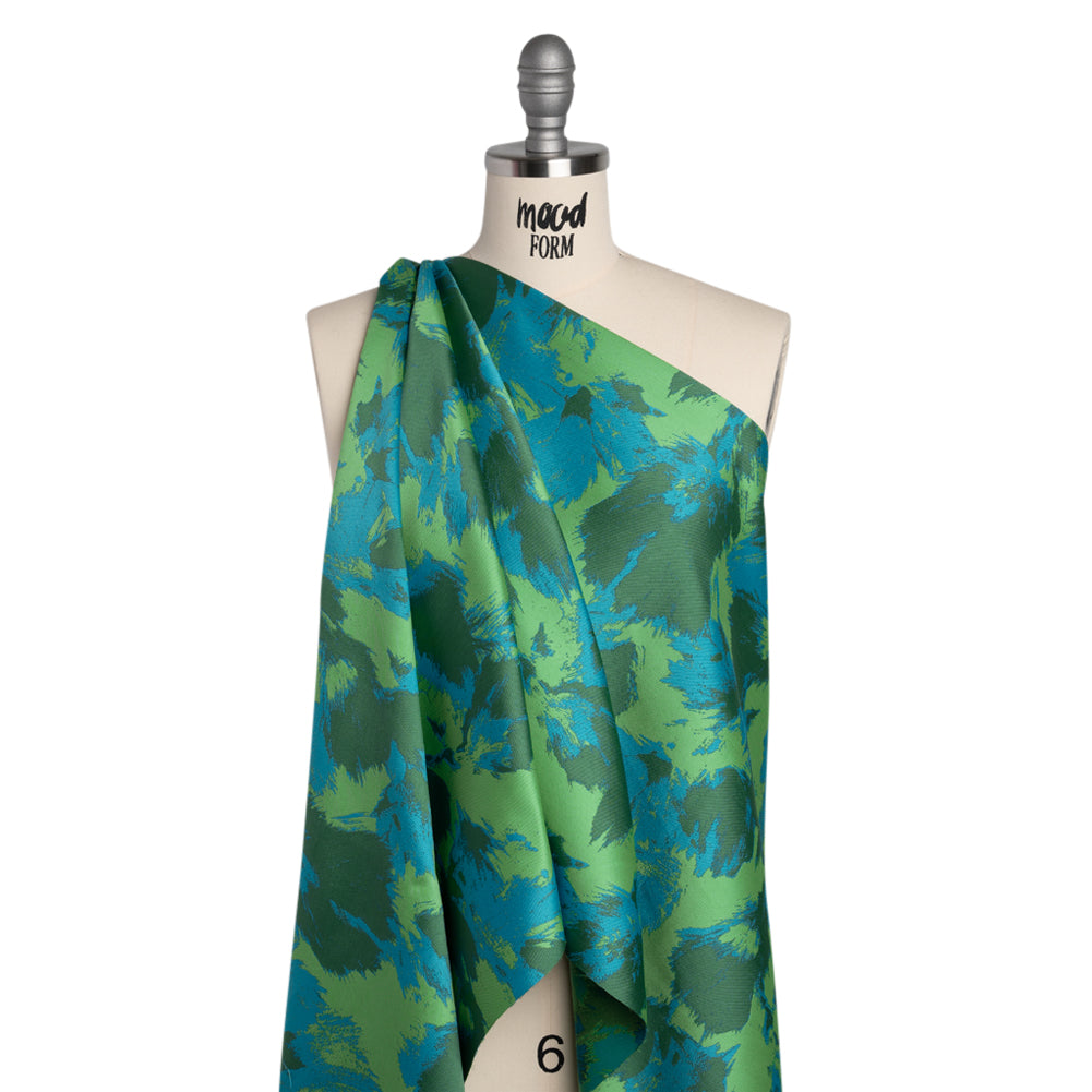 Luxury Polyester Brocade - Cerulean Blue, Summer Green, and Forest Abstract Brushstrokes - Drape