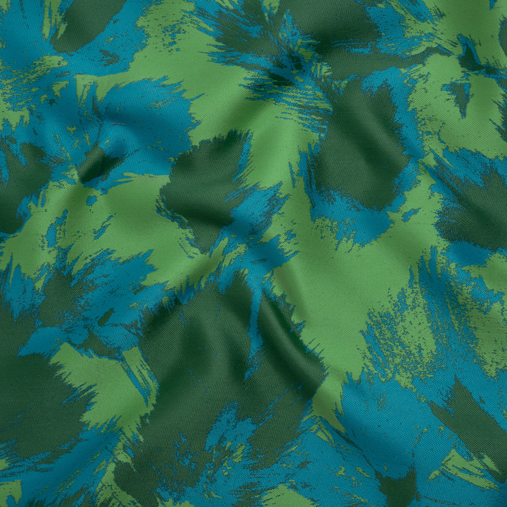 Luxury Polyester Brocade - Cerulean Blue, Summer Green, and Forest Abstract Brushstrokes