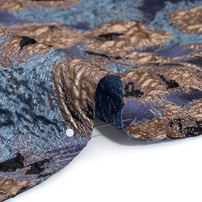 Metallic Luxury Brocade - Sky Blue, Gold and Navy Abstract Flora