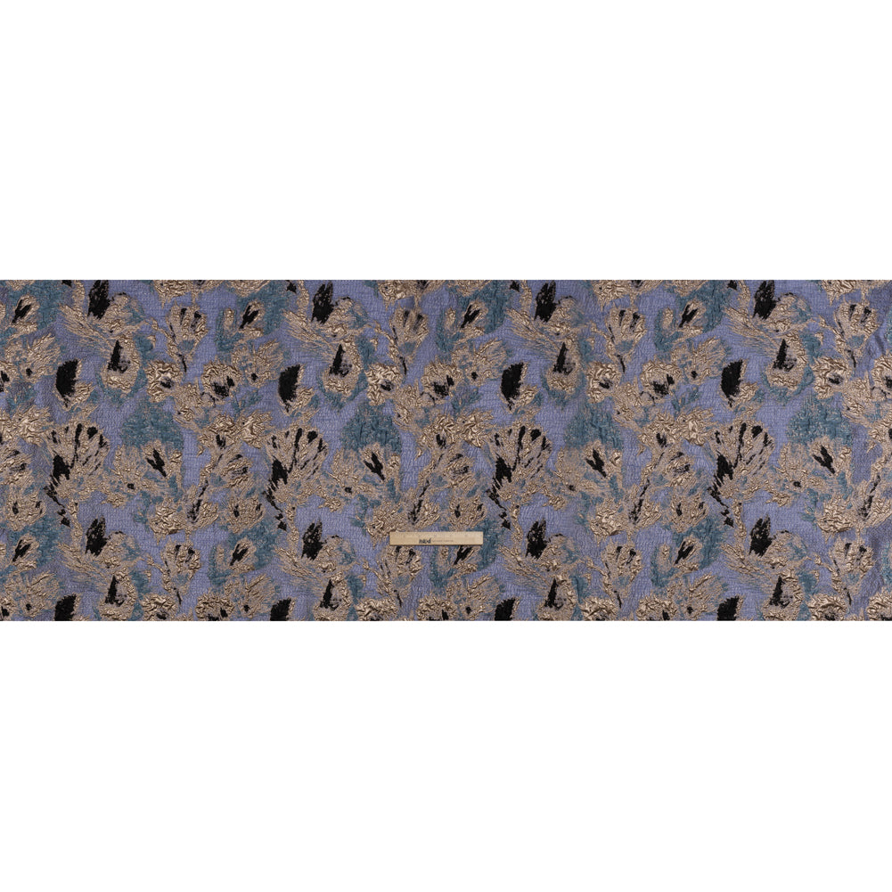 Metallic Luxury Brocade - Sky Blue, Gold and Navy Abstract Flora